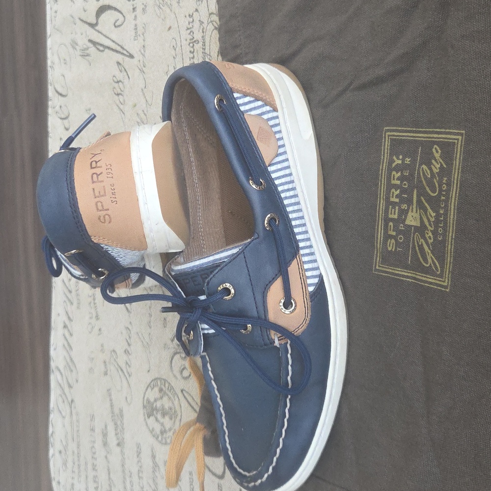 Sperry Women's Memory Foam Blue Striped Boat Shoes With Cloth Shoe Bag Sz 7.5